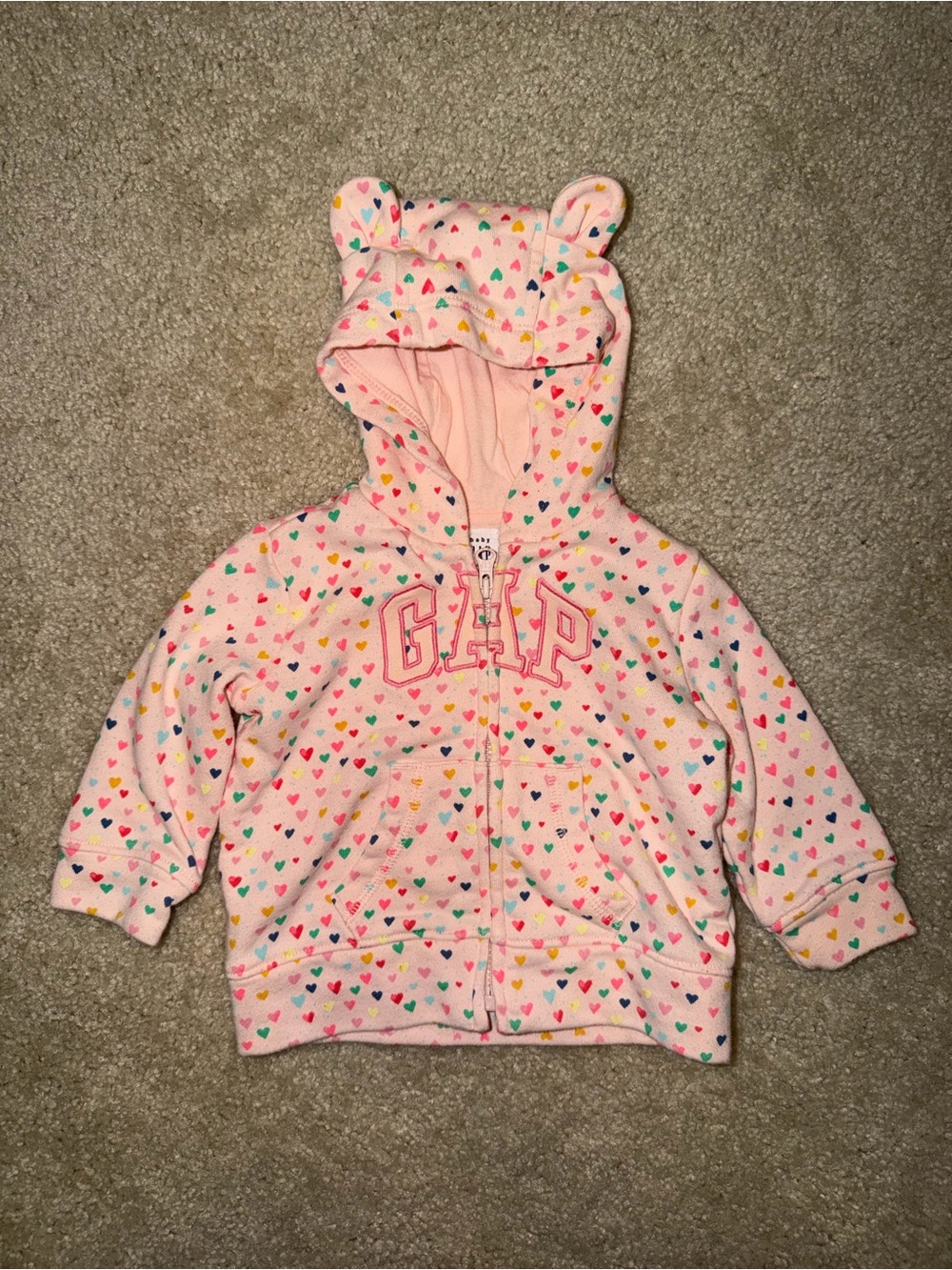 GAP Pink Hooded Zip Sweatshirt with Multicolor Heart Print